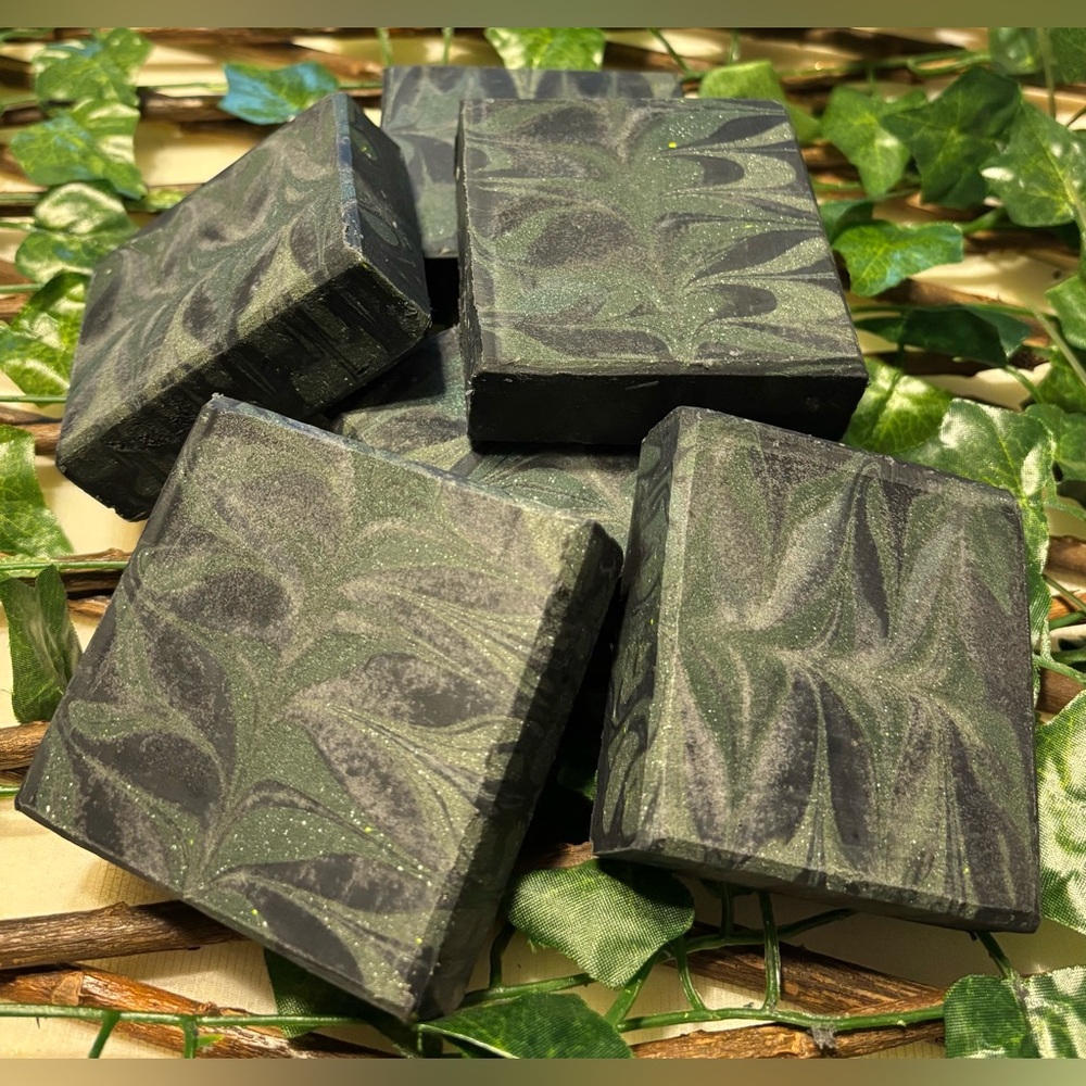 Hand crafted artisan charcoal soap in fresh eucalyptus mint.